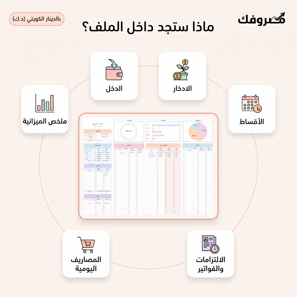 مصروفك | مخطط الميزانية الشهرية – الكويت (ملف Excel بالدينار الكويتي)